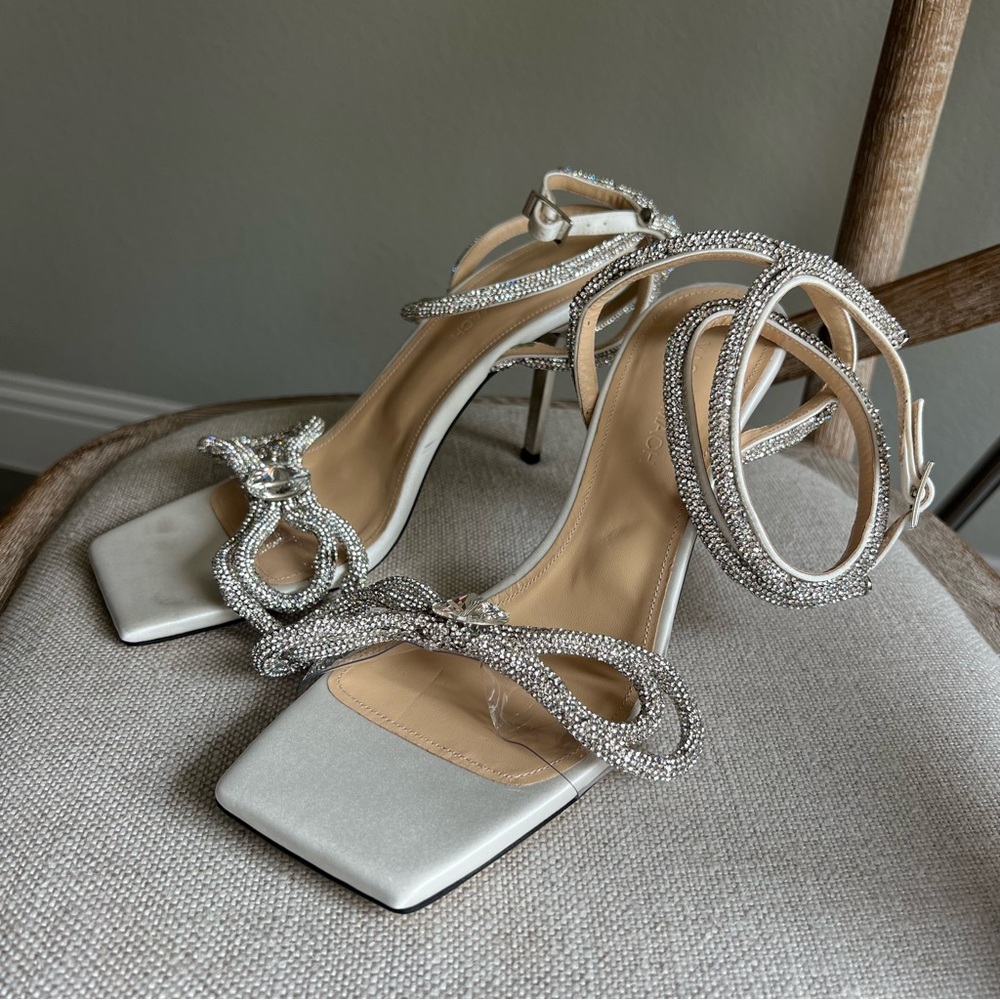 MACH & MACH Silver Crystal Embellished Strappy Heels